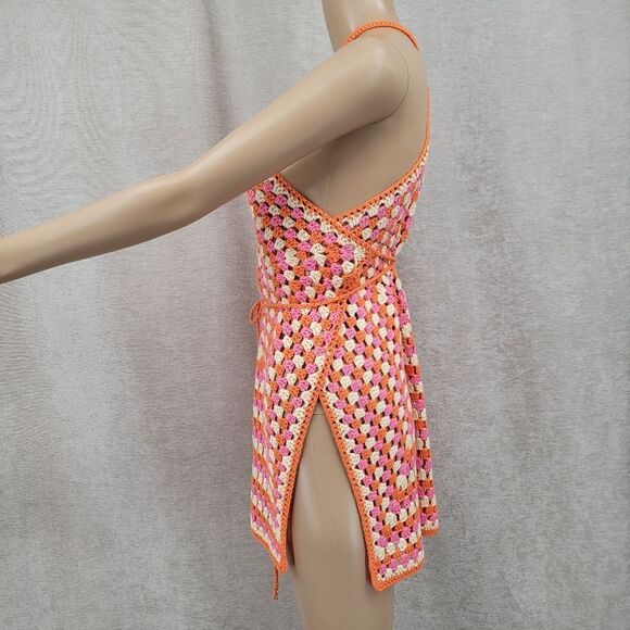 Davi & Dani Multicolor Orange Pink Crochet Halter Layered Wrap Tie Waist Dress - Picture 6 of 13